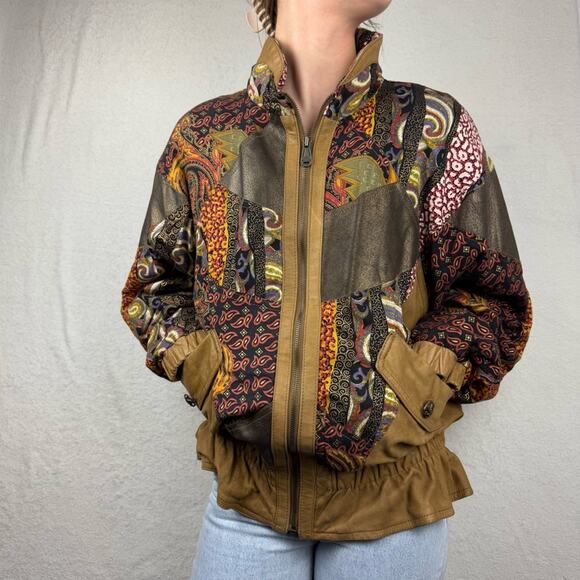 Vintage Tan Genuine Leather Patchwork Scrunched Full Zip Bomber Jacket Size S - Picture 3 of 16